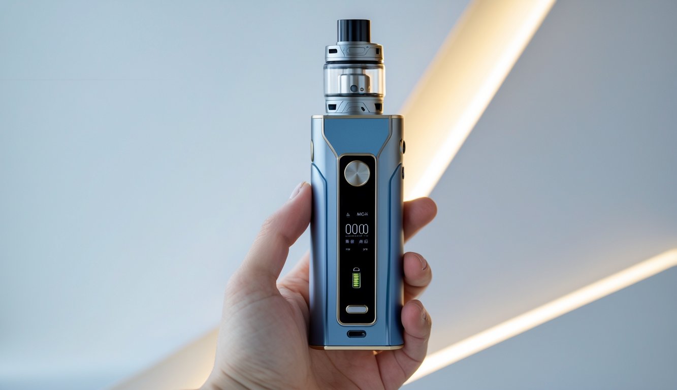 Sebuah tangan memegang perangkat vape MOD terbaru dengan desain modern dan latar belakang minimalis.