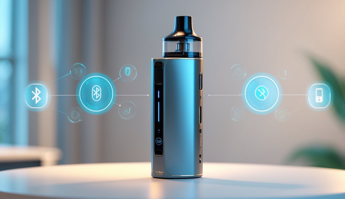 Sebuah perangkat vape modern dan futuristik dengan desain ramping dan elemen teknologi pintar di sekitarnya.