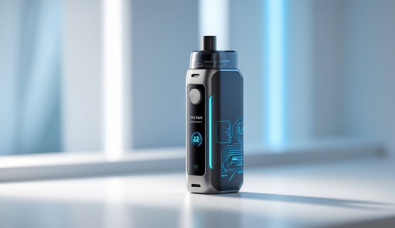 Sebuah perangkat vape modern berdesain ramping dengan permukaan putih dan latar belakang kabur berwarna biru dan perak.