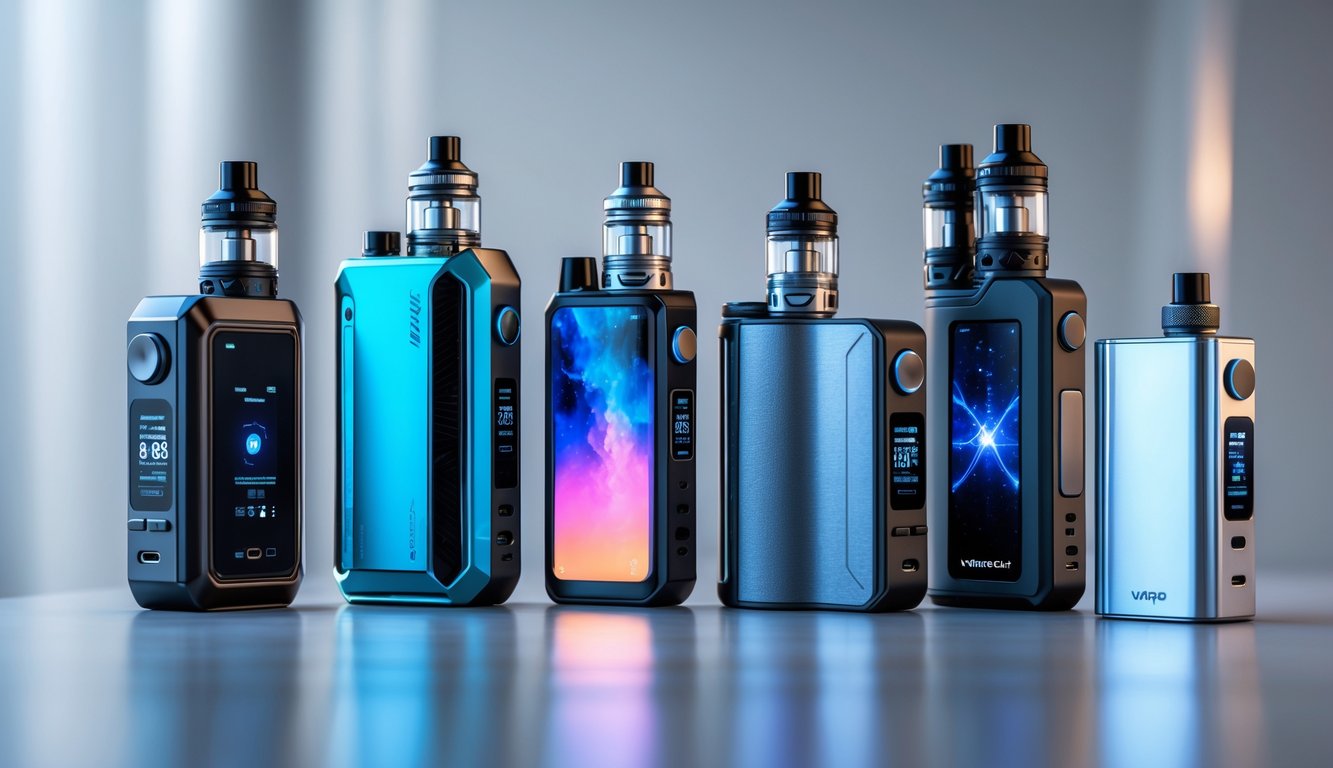 Beberapa perangkat vape modern terbaru tahun 2026 dari berbagai merek populer dunia yang tertata rapi di atas permukaan reflektif dengan latar belakang minimalis.