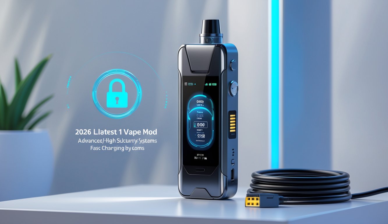 Perangkat vape mod terbaru tahun 2026 dengan desain modern dan kabel pengisian cepat terhubung.