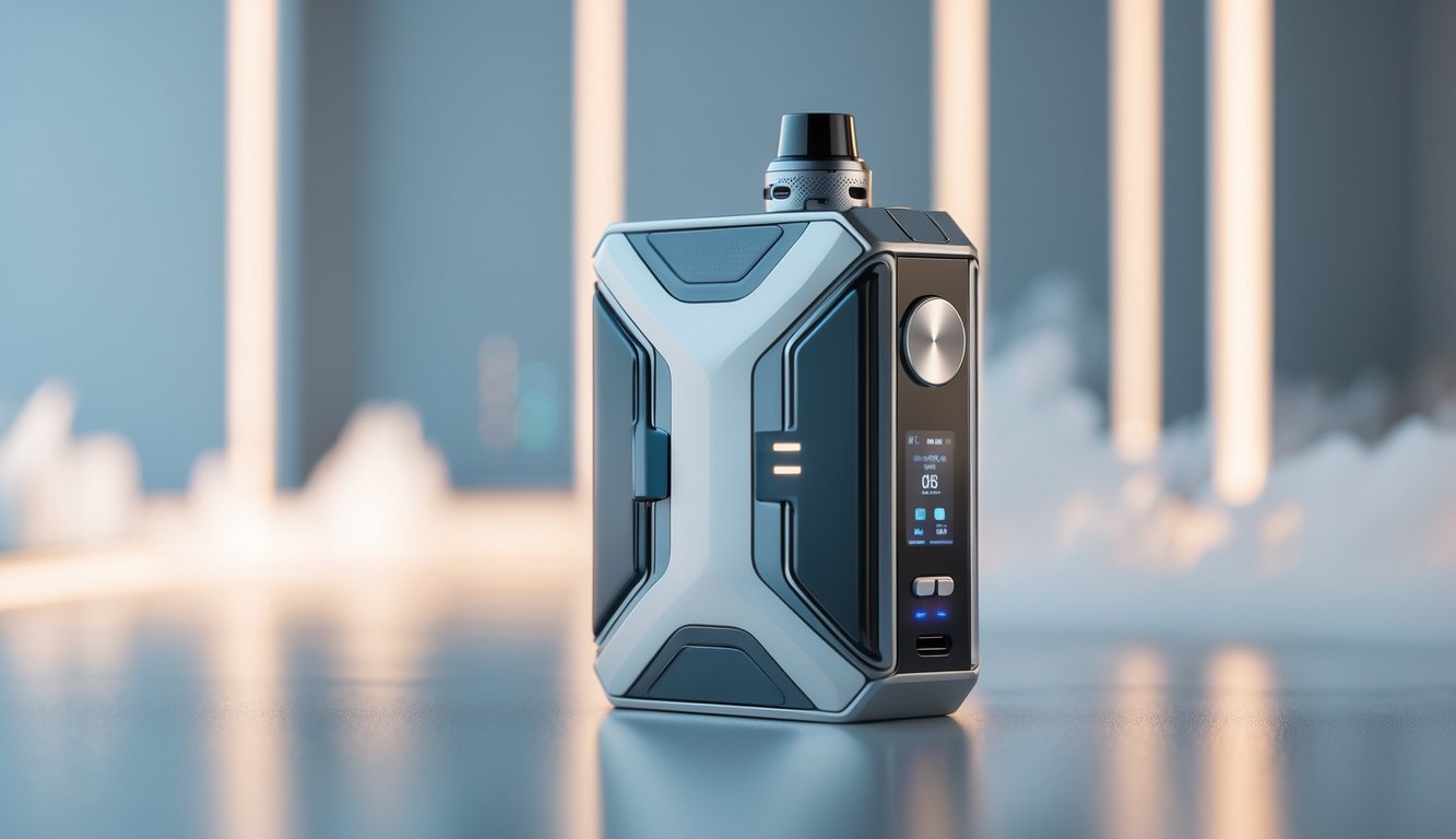 Perangkat vape MOD terbaru tahun 2026 dengan desain modern diletakkan di atas permukaan bersih, dikelilingi oleh kabut uap di latar belakang.