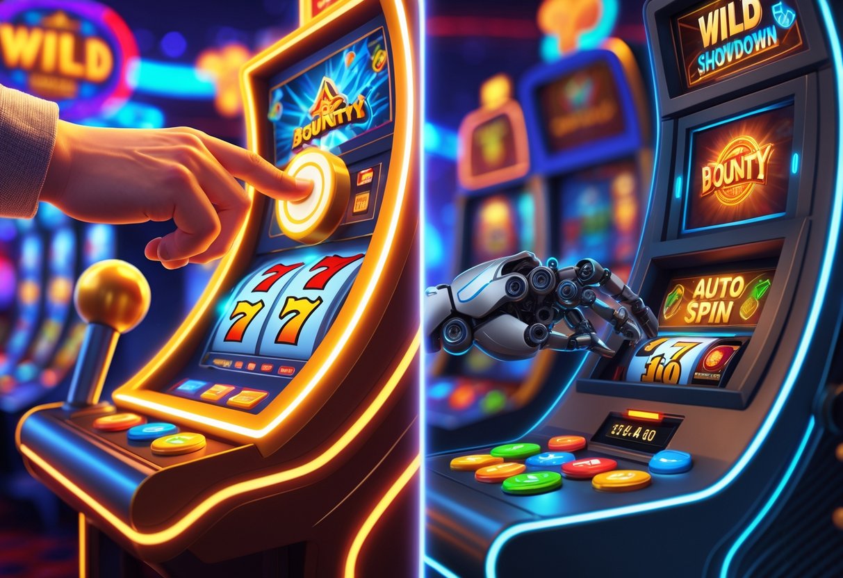 Ilustrasi yang membandingkan pola putaran manual dengan putaran otomatis dalam permainan Wild Bounty Showdown, menampilkan tangan manusia menekan tombol putar di sebelah kiri dan lengan mekanik yang mengoperasikan tombol putar di sebelah kanan.