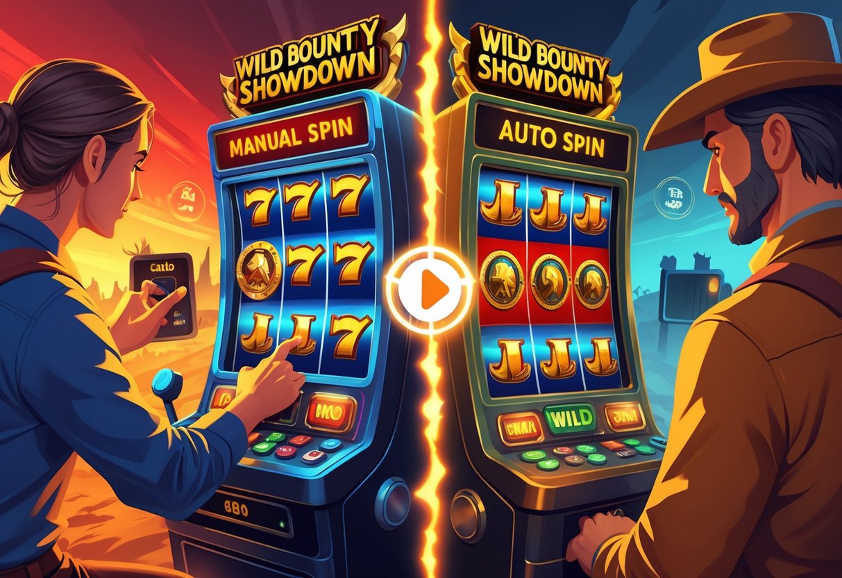 Ilustrasi yang menunjukkan perbedaan antara pola manual dan auto spin dalam permainan Wild Bounty Showdown dengan seorang pemain yang mengoperasikan mesin slot secara manual di satu sisi dan mesin slot yang berjalan otomatis di sisi lain.