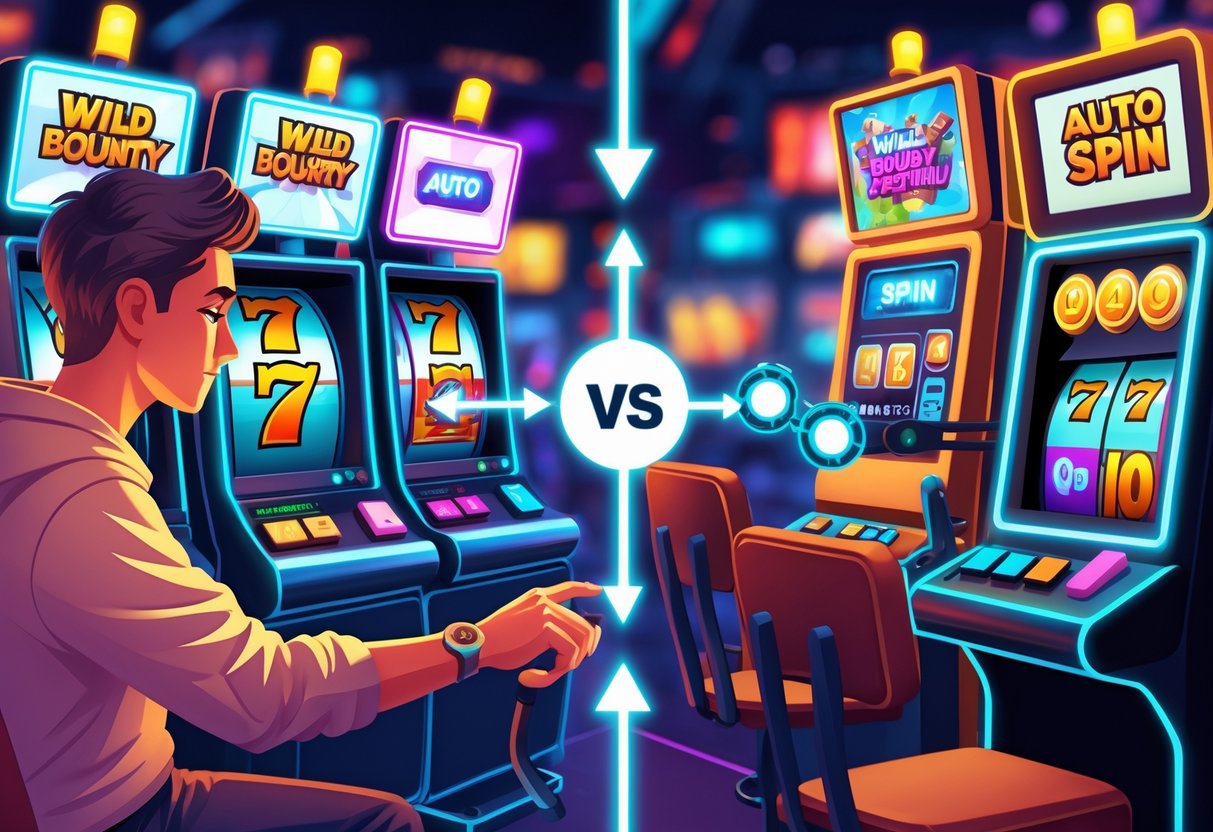 Ilustrasi yang menunjukkan perbedaan antara pola manual dengan pemain yang mengendalikan tuas mesin slot dan pola auto spin dengan mesin slot otomatis yang beroperasi sendiri.