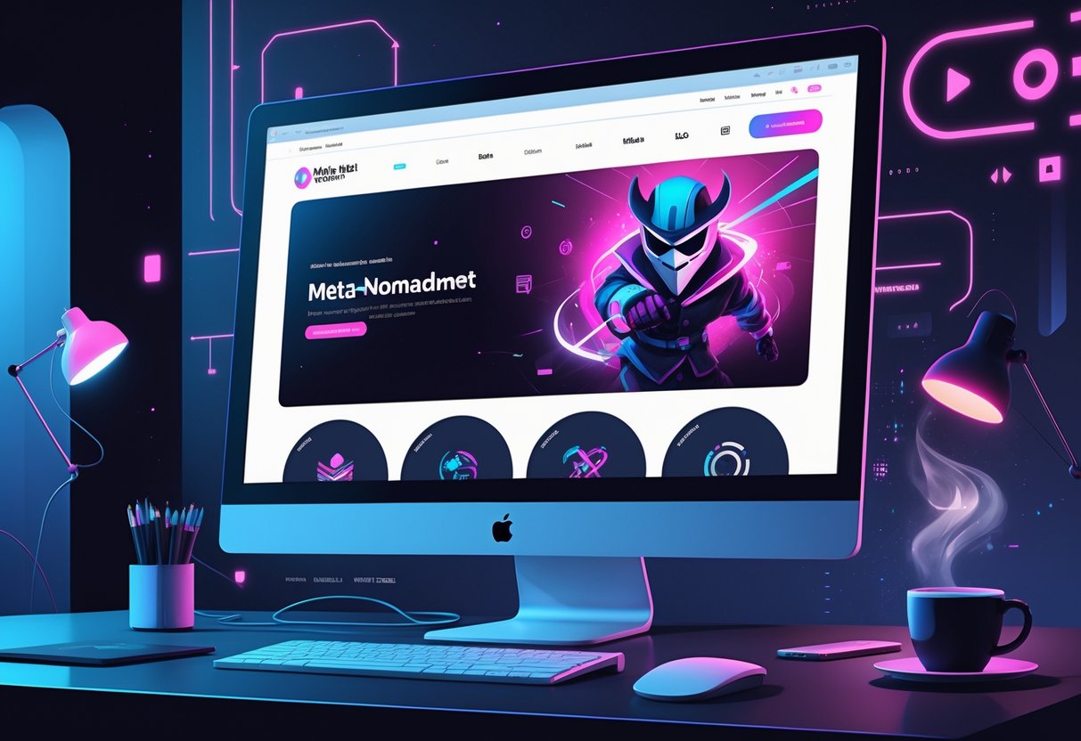 Sebuah ilustrasi profesional menampilkan layar komputer dengan desain situs web modern yang menampilkan karakter bandit bertopeng dan elemen teknologi di latar belakang, di sebuah meja kerja minimalis.