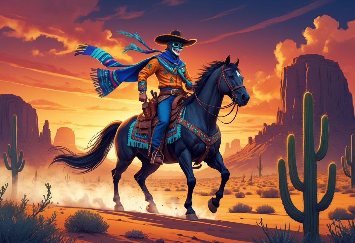 Seorang bandit bertopeng mengenakan pakaian tradisional Meksiko menunggang kuda di padang gurun dengan latar belakang matahari terbenam dan formasi batuan.