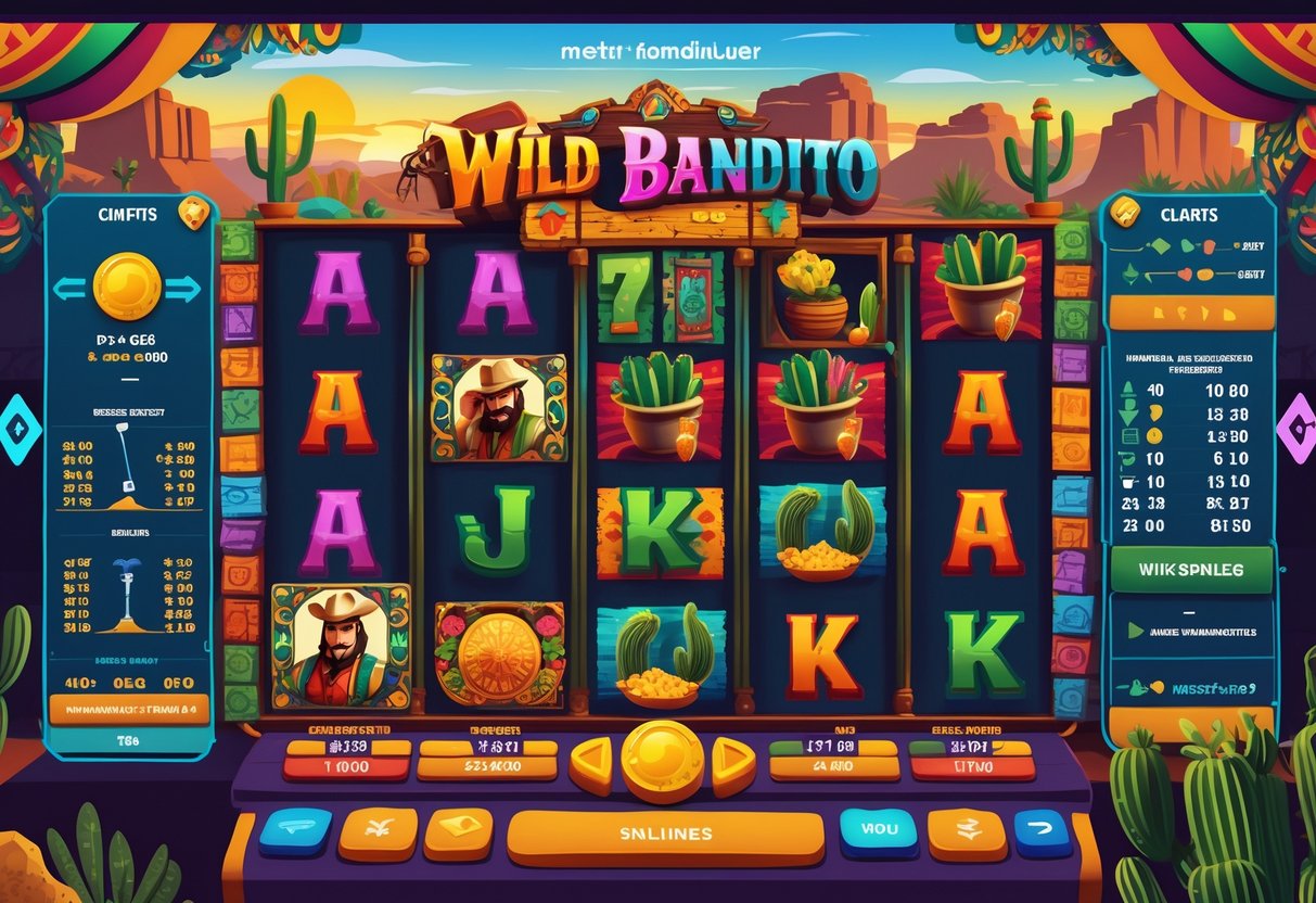Ilustrasi antarmuka permainan slot Wild Bandito dengan simbol bandit dan elemen Meksiko, dikelilingi oleh grafik dan diagram strategi kemenangan.