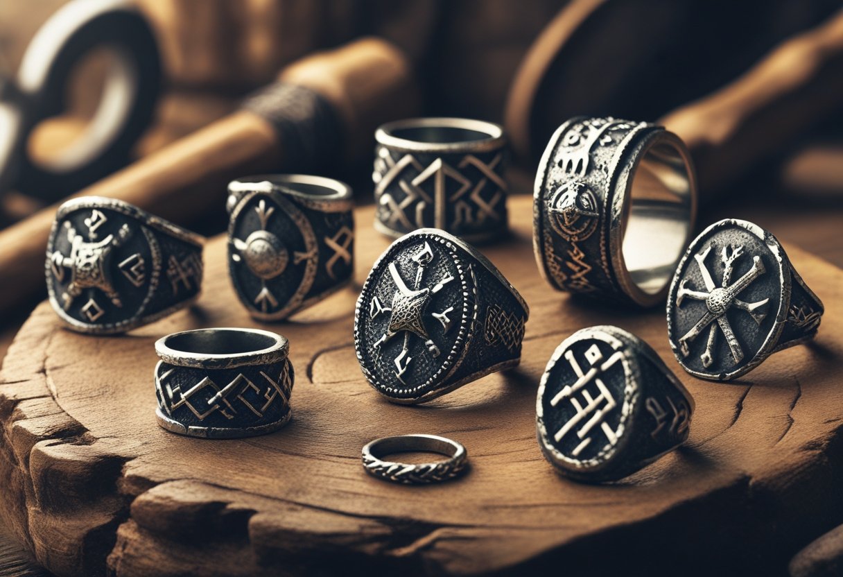 A collection of Viking rings and jewelry featuring Norse symbols displayed on a wooden surface with Viking artifacts in the background.