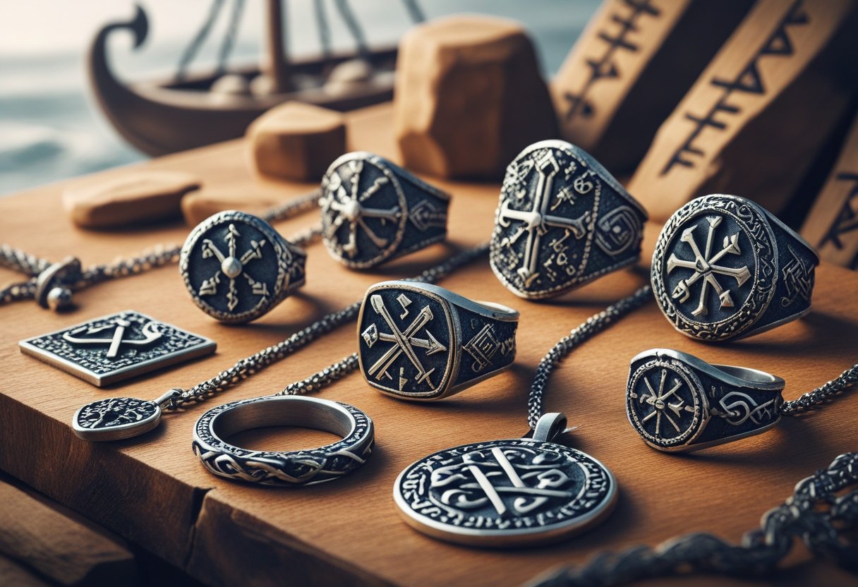 A collection of Viking rings and pendants with Norse symbols displayed on a wooden surface, with faint Viking ships and runestones in the background.