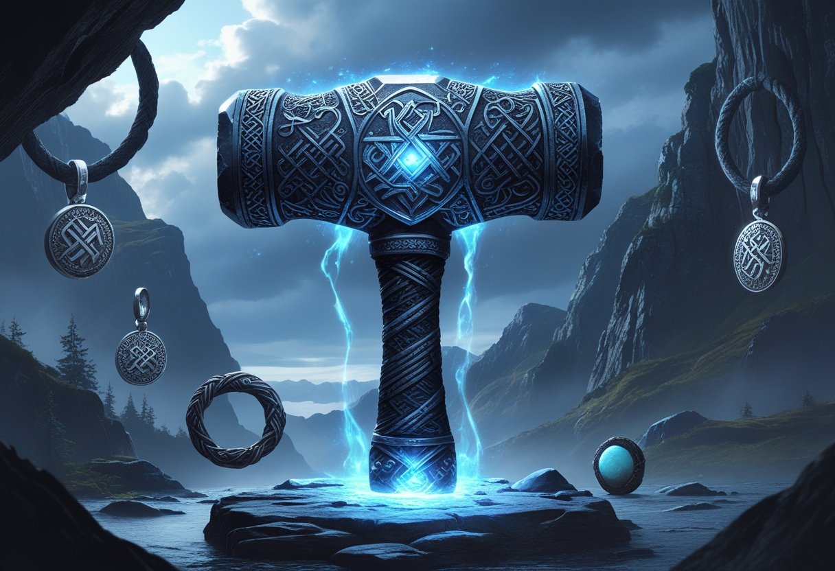 An intricately detailed Viking hammer surrounded by Norse rings and amulets, set against a rugged Nordic landscape with stormy skies.