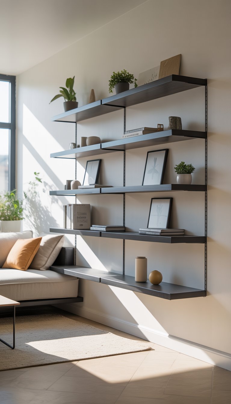 Small living room with floating shelves on a wall holding plants and books, a compact sofa, and a coffee table in a bright space.
