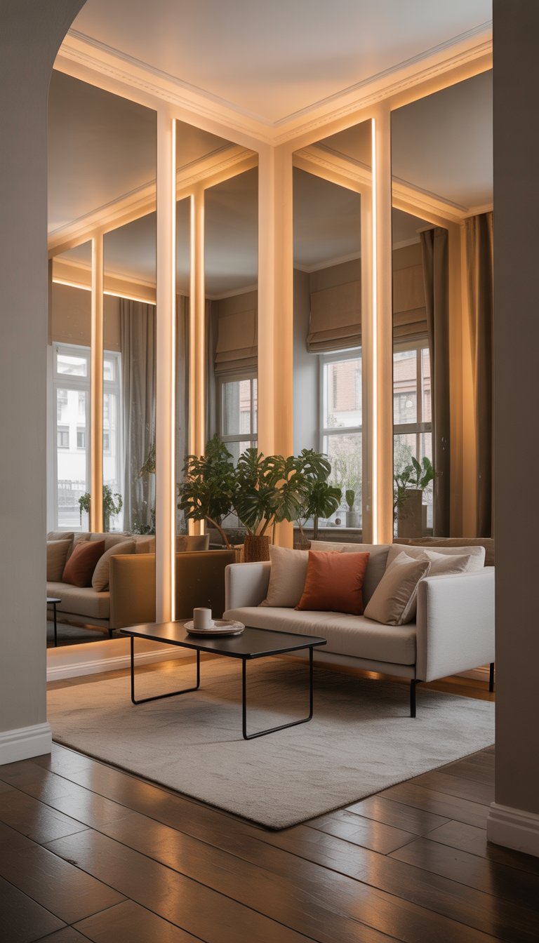 Small living room with a sofa, coffee table, and large mirrors on the walls reflecting light and making the space appear bigger.