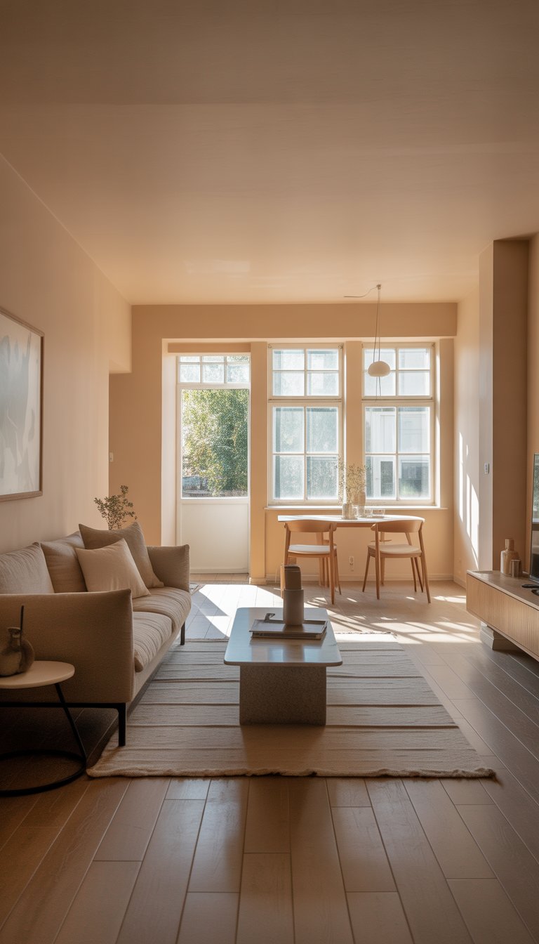 Small living room with an open layout connecting to a dining area, featuring a sofa, coffee table, and large windows letting in natural light.