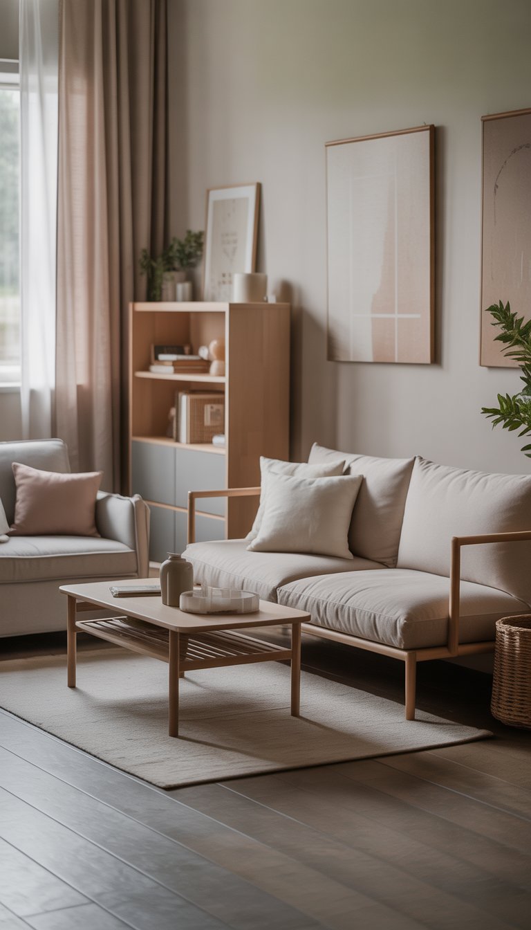 A small living room with slim furniture including a narrow sofa, coffee table, and shelving, with natural light and plants.