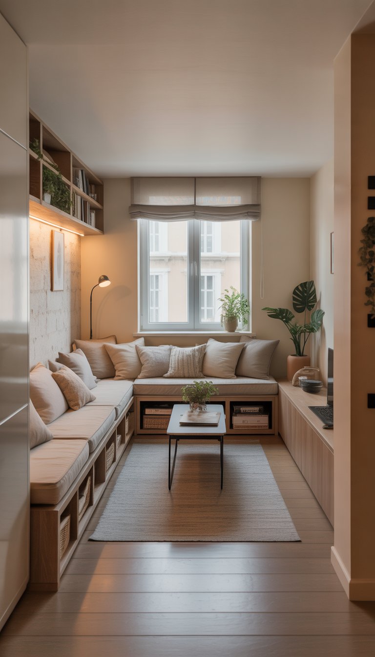 Small living room with built-in bench seating, cushions, storage underneath, a coffee table, and natural light coming through a window.