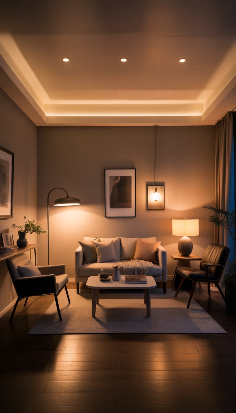 Small living room with layered lighting including floor lamp, ceiling lights, and table lamps creating a warm and inviting atmosphere.