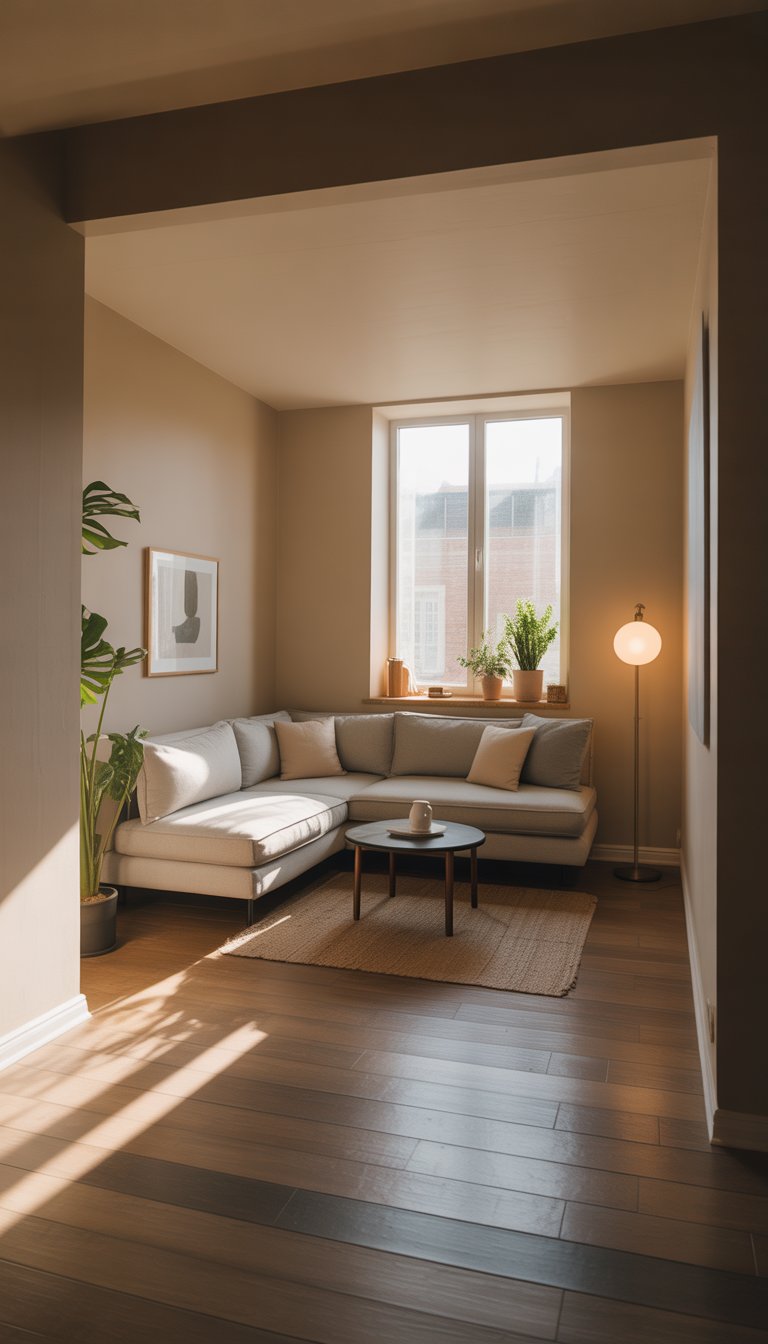 Small living room with an L-shaped sofa arranged in the corner, a coffee table, plants, and a floor lamp.