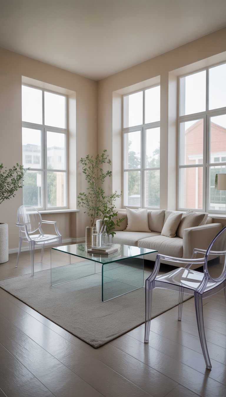 A small living room with glass and transparent furniture, large windows letting in natural light, and light-colored walls creating an open and bright space.