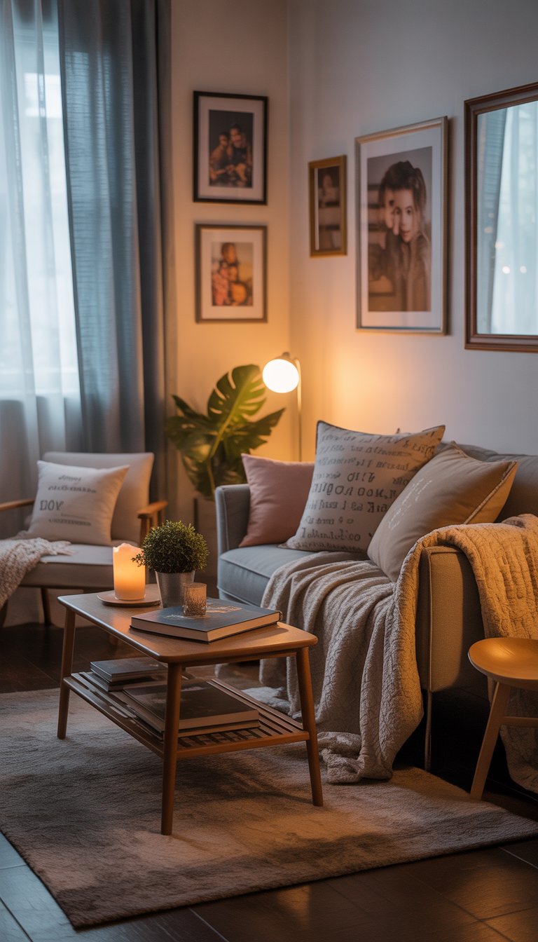 A small living room with a sofa, coffee table, framed photos on the wall, and soft lighting creating a cozy atmosphere.