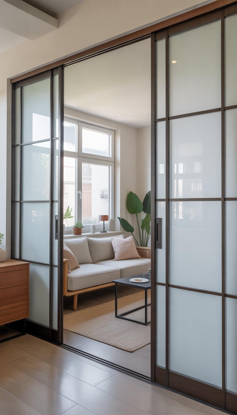 Small living room with sliding doors partially open, showing a compact and organized space with a sofa, coffee table, and plants.