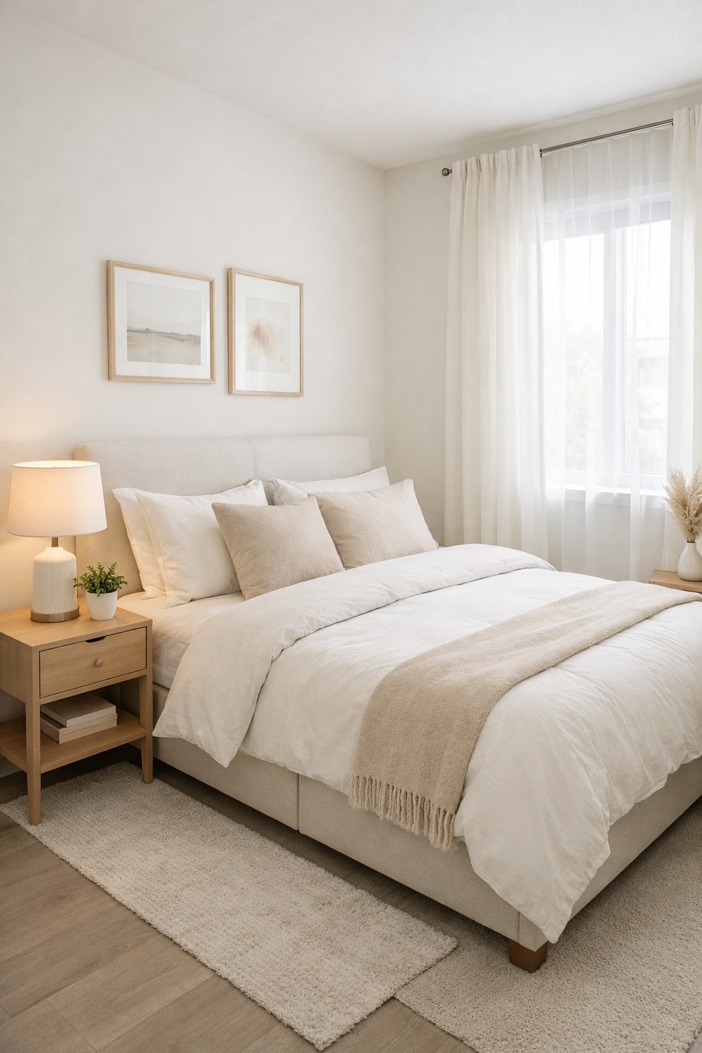 7 Tiny Bedroom Ideas for Couples to Maximize Space and Style 4 A small bedroom with a double bed, light-colored bedding, a bedside table, and natural light coming through a window.