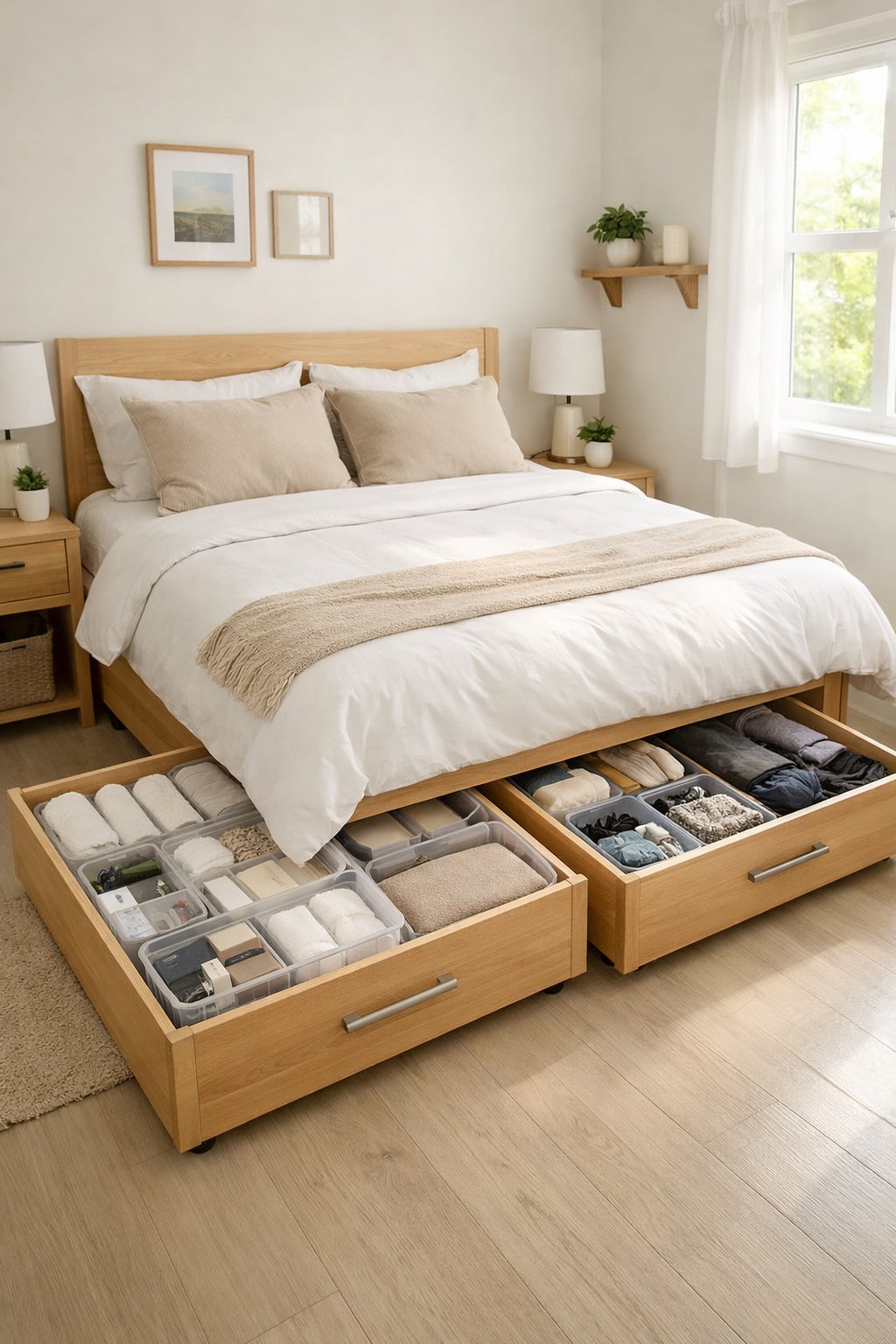 7 Tiny Bedroom Ideas for Couples to Maximize Space and Style 5 A small bedroom with a bed and open under-bed storage drawers containing organized bins.