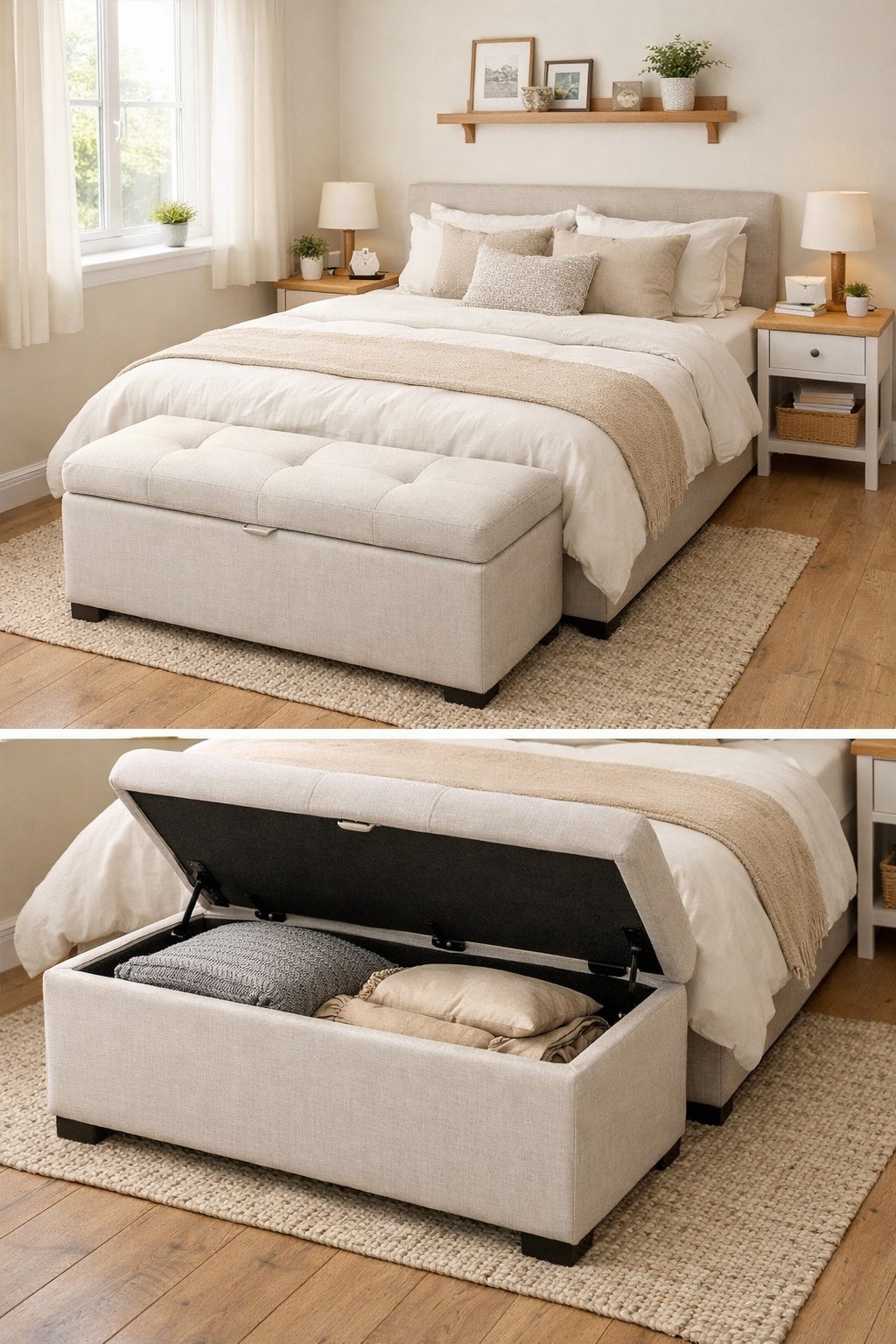 7 Tiny Bedroom Ideas for Couples to Maximize Space and Style 6 A small bedroom with a bed and an ottoman with hidden storage at the foot of the bed, illuminated by natural light.