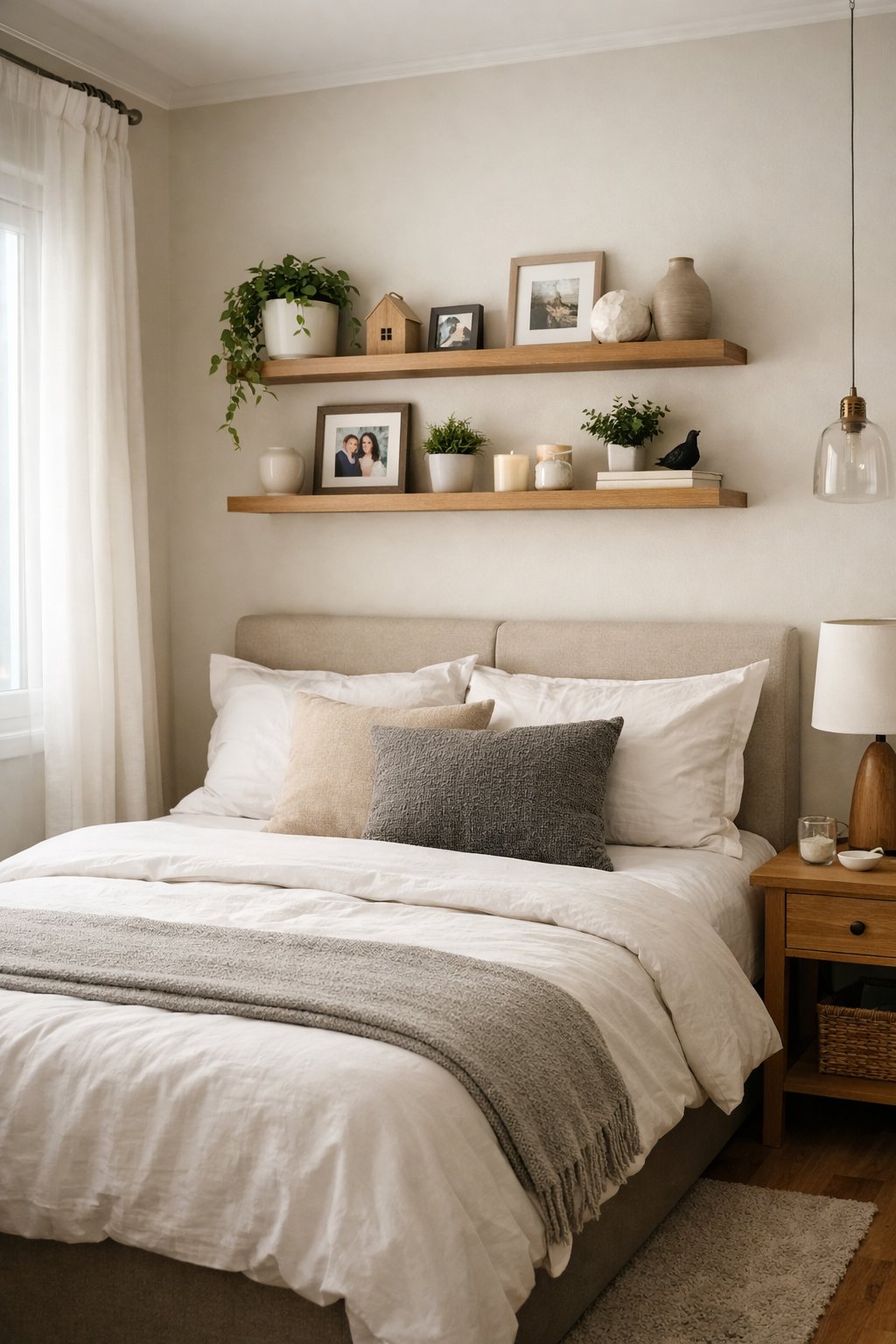 7 Tiny Bedroom Ideas for Couples to Maximize Space and Style 7 A small bedroom with floating shelves above the bed holding personal items and decor, with a neatly made bed and soft natural light.