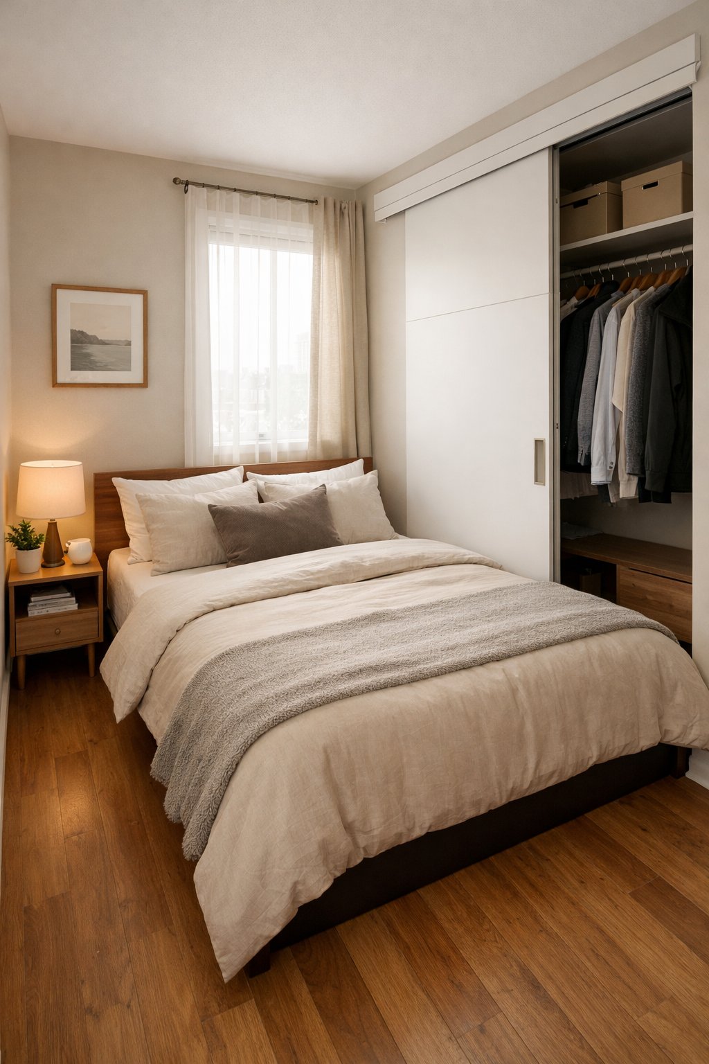 7 Tiny Bedroom Ideas for Couples to Maximize Space and Style 8 A small bedroom with a double bed and a sliding door wardrobe, designed for couples.