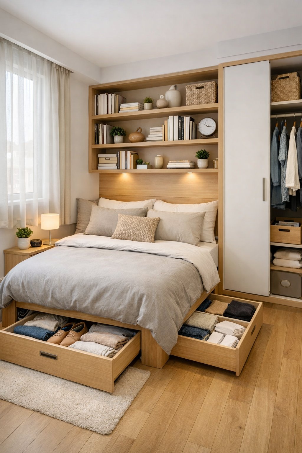 7 Tiny Bedroom Ideas for Couples to Maximize Space and Style 9 A small shared bedroom with a double bed, built-in shelves, under-bed storage, a bedside table with a lamp, and a wardrobe, illuminated by natural light through a window.