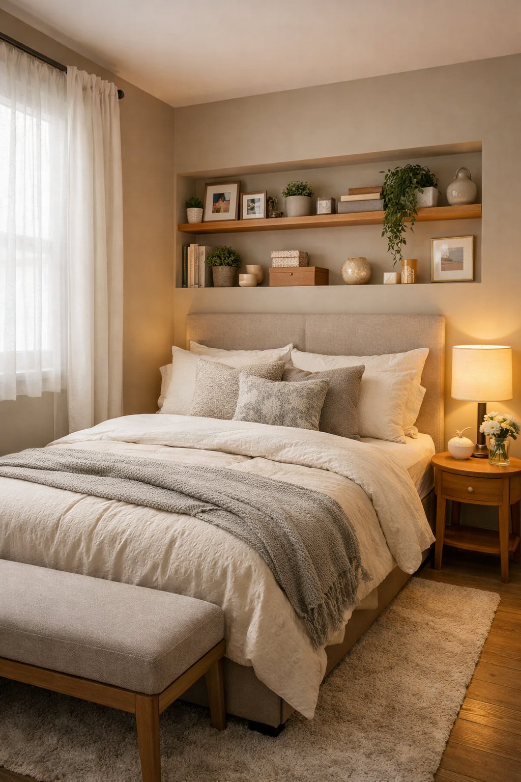 7 Tiny Bedroom Ideas for Couples to Maximize Space and Style 10 A small bedroom with a cozy double bed, shelves with personal items, a bedside table with a lamp and flowers, and natural light coming through a window.