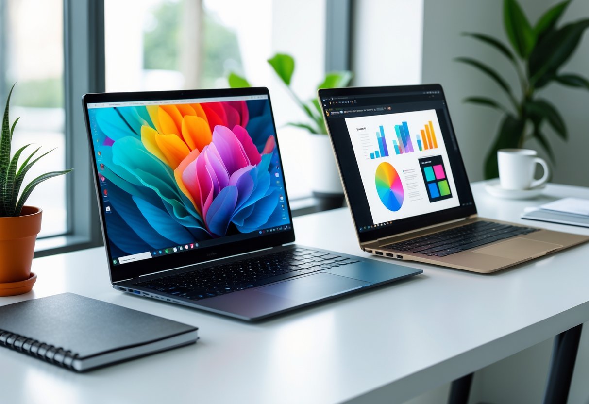 Two modern laptops placed side by side on a desk in a bright office environment with natural light and minimalistic decor.