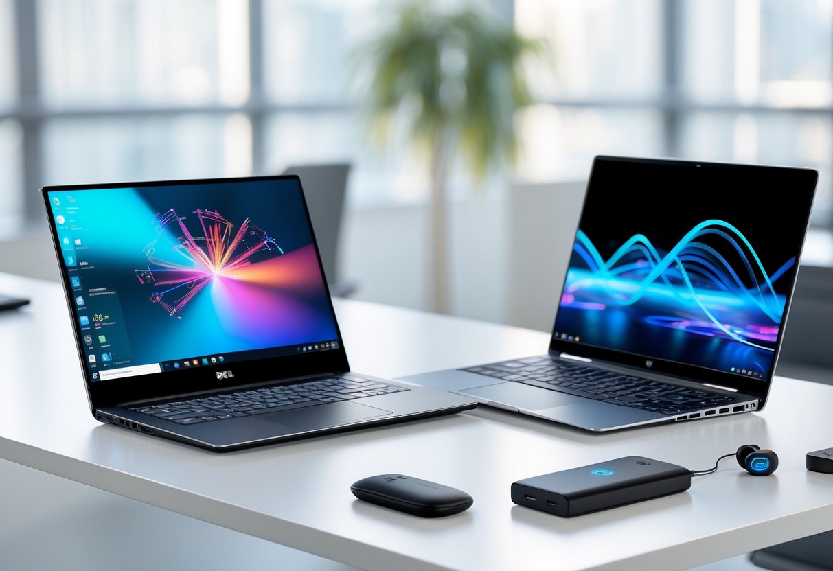 Two modern laptops side by side on a white desk with accessories like a wireless mouse and power bank in a bright office setting.