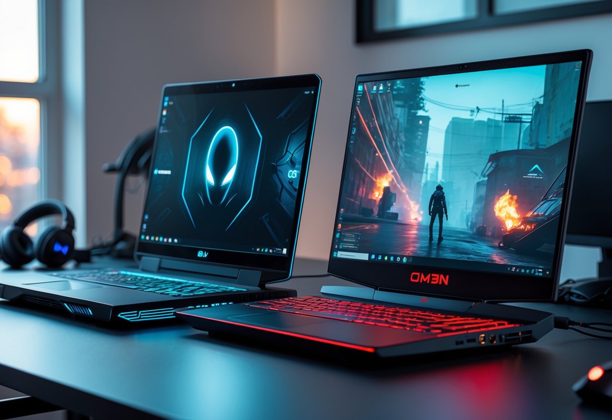 Two gaming laptops, a Dell Alienware and an HP Omen, placed side by side on a desk with gaming accessories around them.