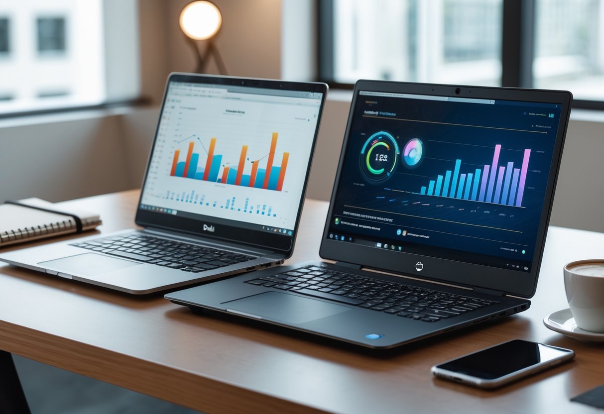 Two laptops side by side on a wooden desk in an office setting with a notebook, smartphone, and coffee cup nearby.