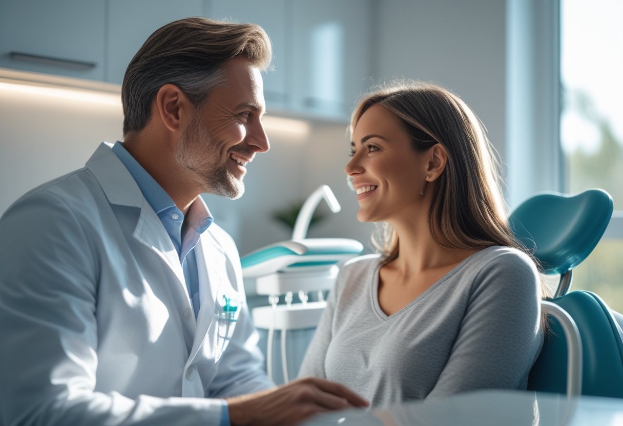 A dentist and a patient in a modern dental clinic discussing dental implants during a consultation.