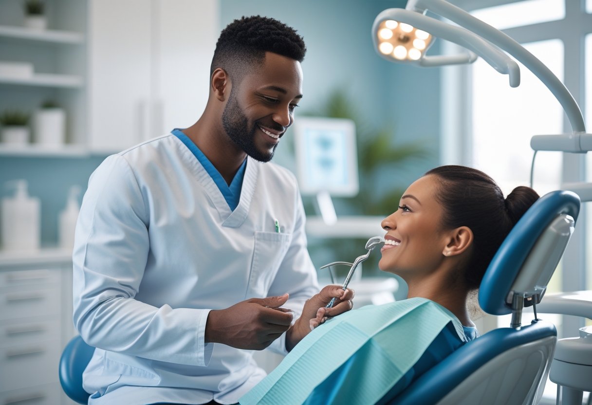 A dental professional explaining dental implants to a patient in a modern dental clinic.