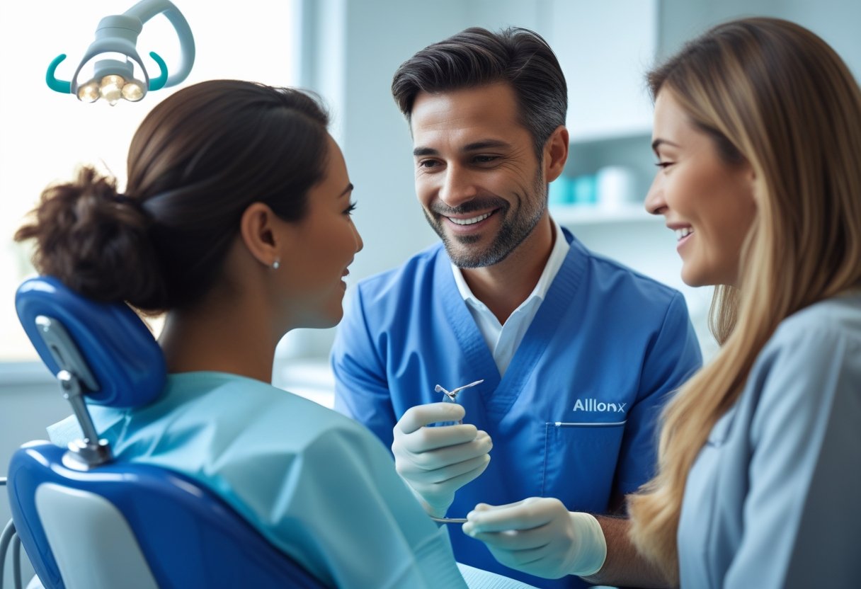 A dental professional discussing dental implant treatment with a patient in a modern dental clinic.