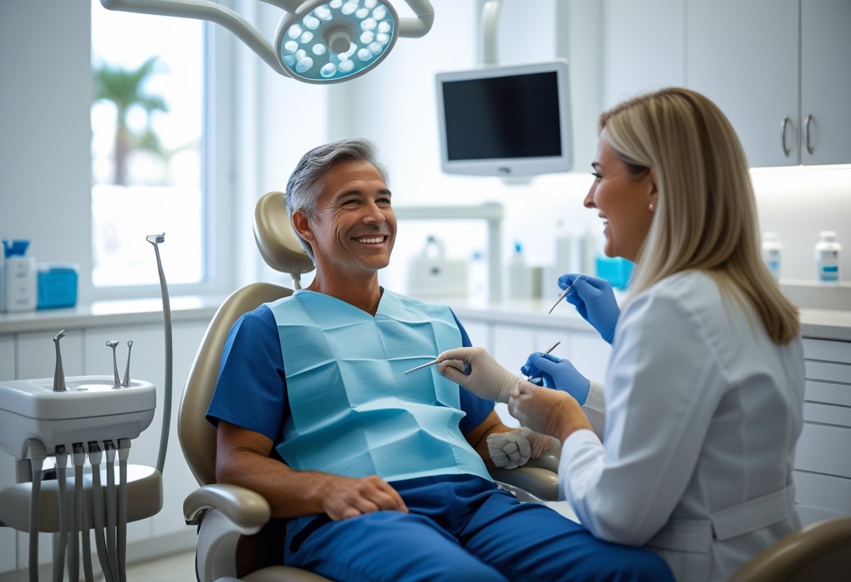 A dental professional consulting with a smiling patient about dental implants in a modern dental clinic.