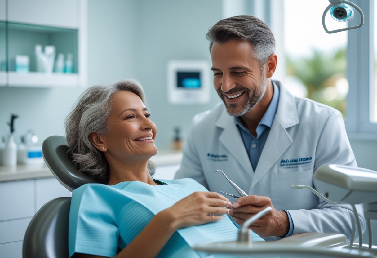 A dentist and patient smiling together in a modern dental clinic during a consultation.