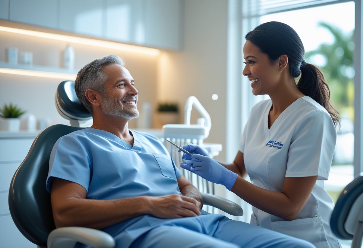 A dentist talking with a smiling patient in a modern dental clinic.