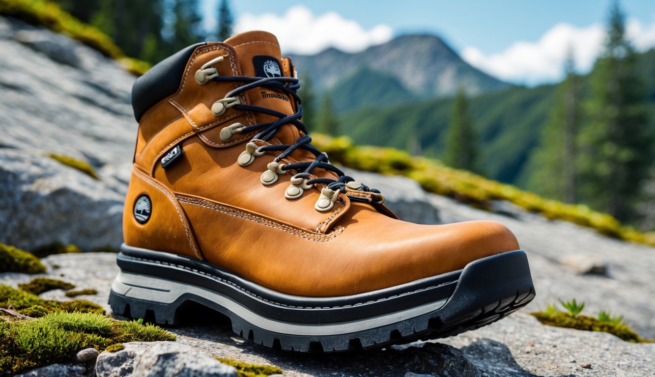 Sepasang sepatu hiking Timberland pria berwarna coklat diletakkan di atas batu dengan latar belakang pegunungan dan hutan hijau.