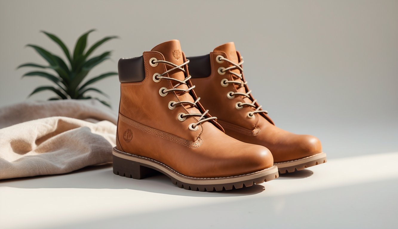 Sepasang sepatu wanita Timberland berwarna cokelat diletakkan di atas latar belakang netral dengan pencahayaan alami.