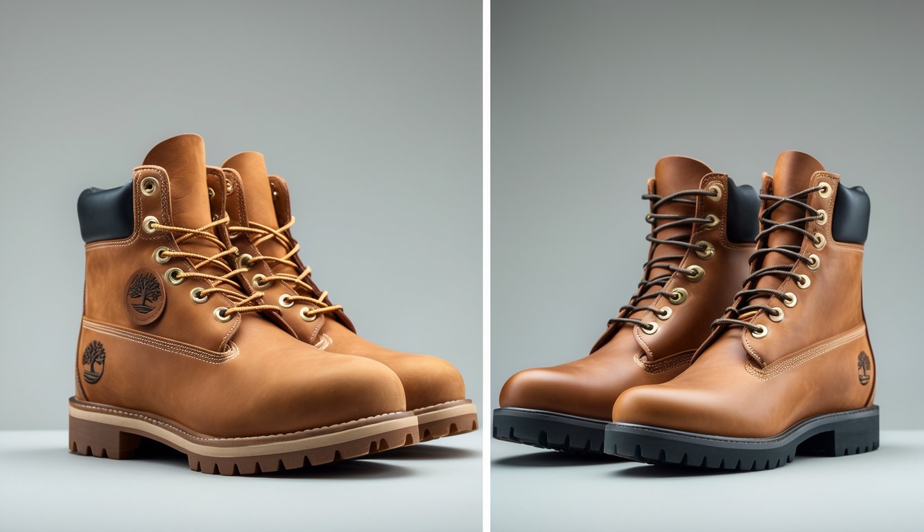 Dua pasang sepatu Timberland berdampingan, satu asli dan satu palsu, menunjukkan perbedaan detail seperti jahitan dan tekstur kulit.