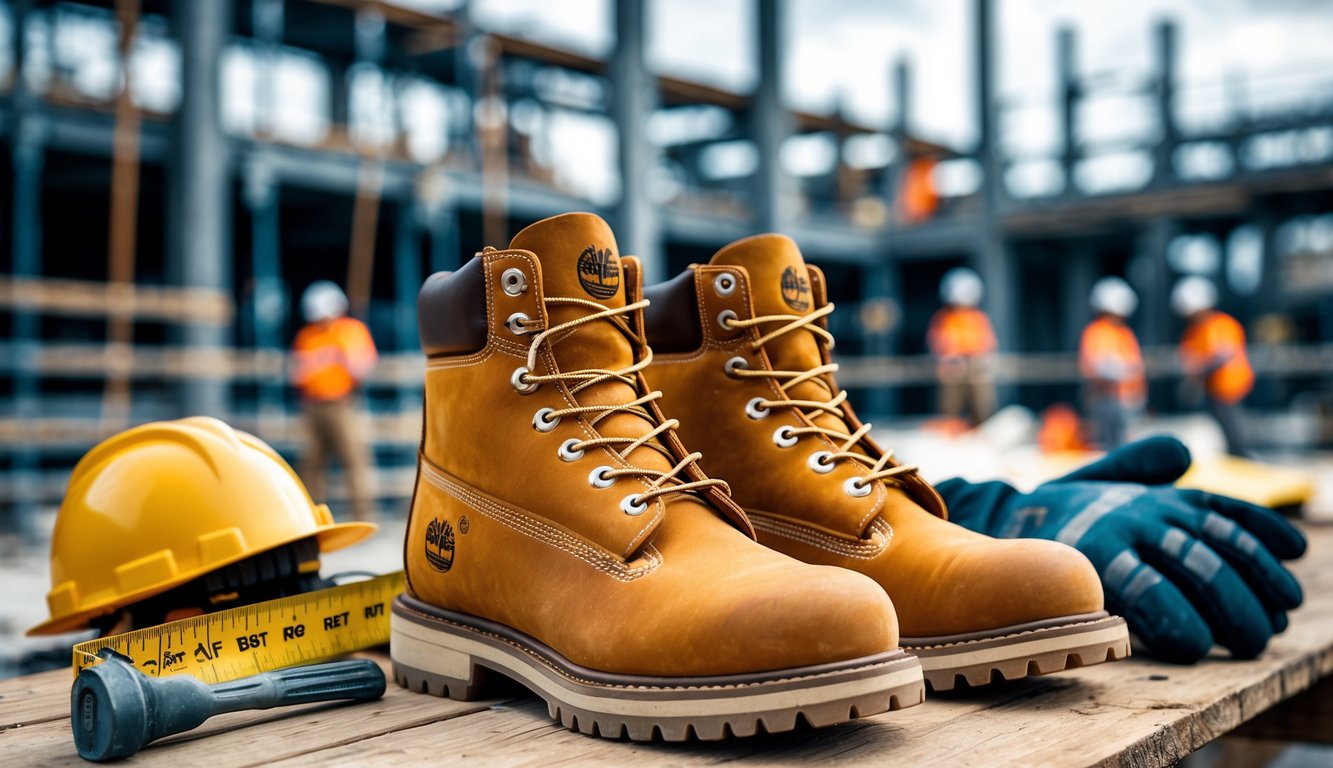Sepasang sepatu kerja Timberland di lokasi proyek konstruksi dengan alat keselamatan dan alat kerja di sekitarnya.