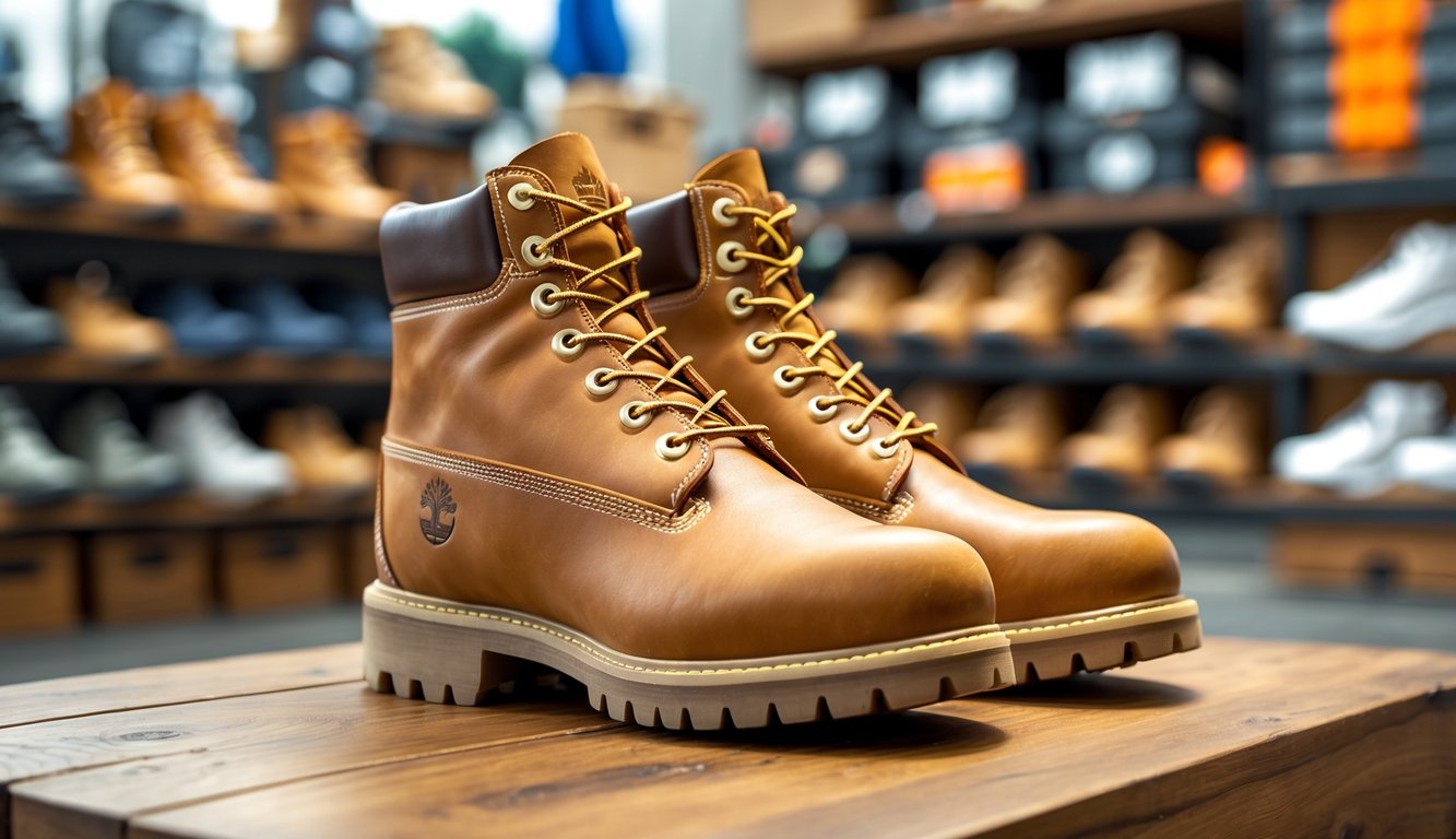 Sepasang sepatu Timberland asli berwarna cokelat muda diletakkan di atas permukaan kayu di dalam toko sepatu dengan rak dan kotak sepatu di latar belakang.