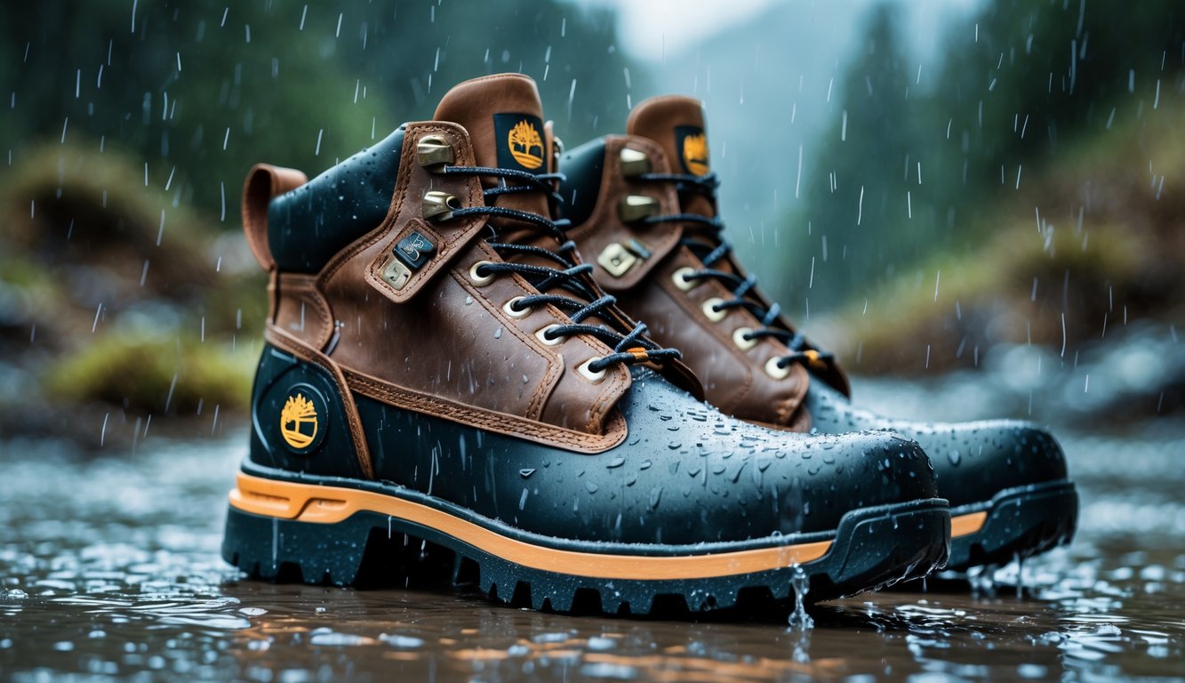 Sepasang sepatu Timberland di tanah berlumpur basah dengan tetesan hujan, menunjukkan ketahanan dan kecocokan untuk cuaca hujan dan medan berat.