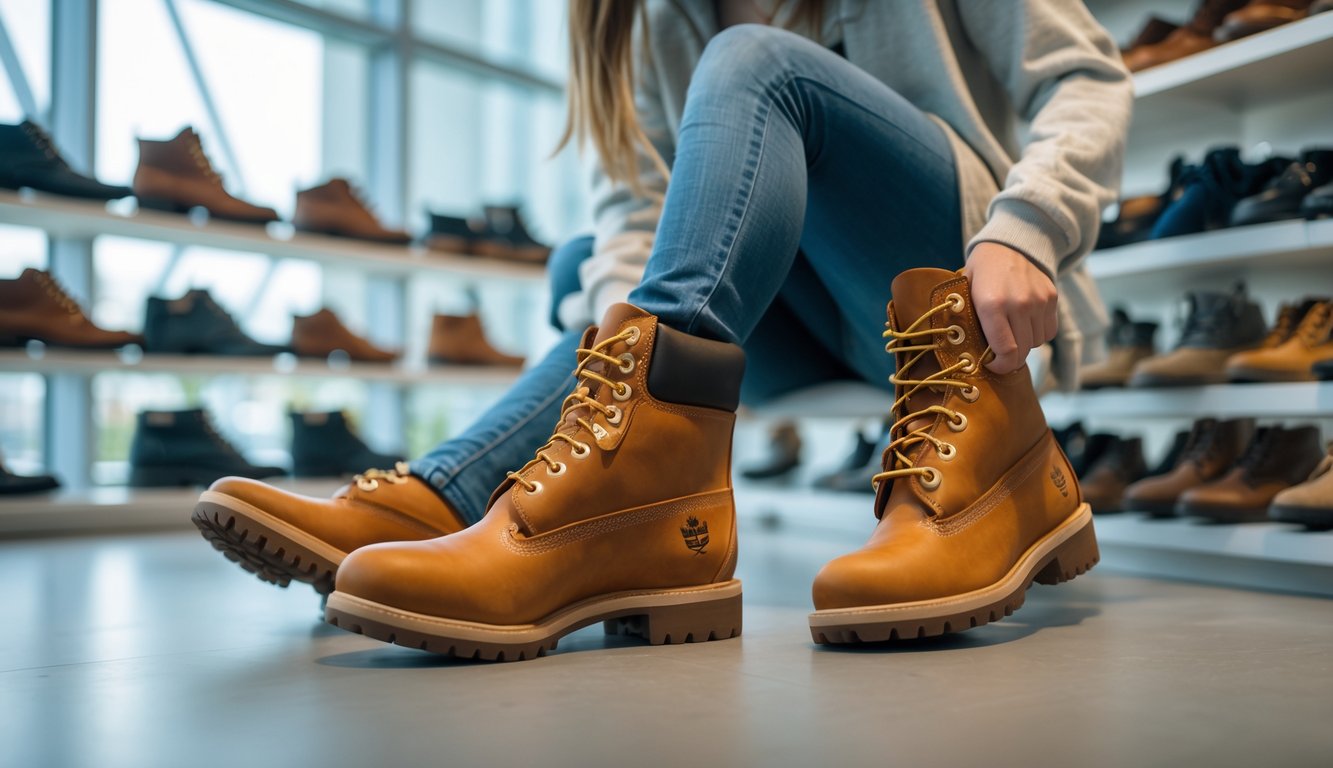 Seseorang sedang mencoba sepatu Timberland di toko sepatu dengan rak sepatu di latar belakang.