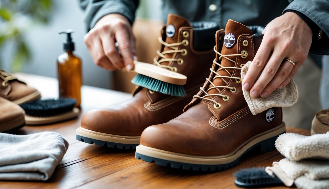 Tangan seseorang sedang membersihkan sepatu Timberland dengan sikat dan kain di atas meja yang rapi.